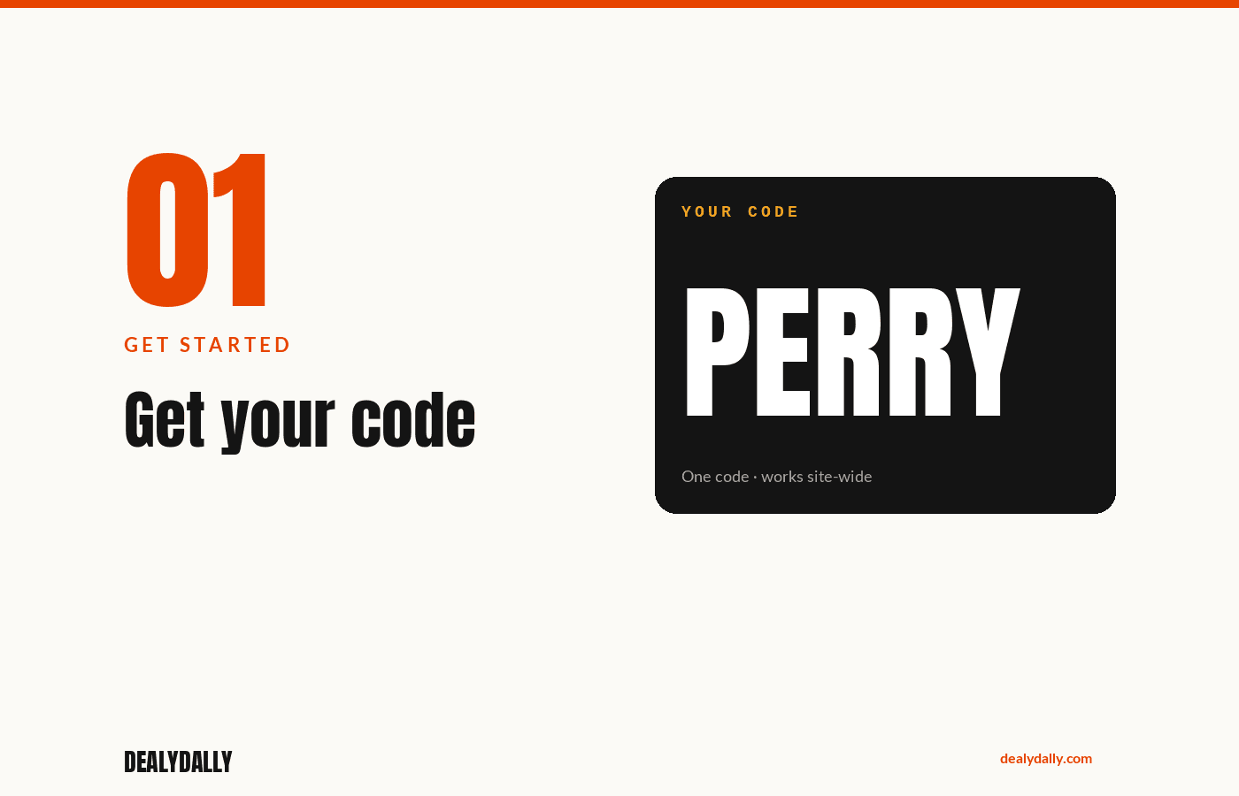“Your code” card / share modal showing PERRY