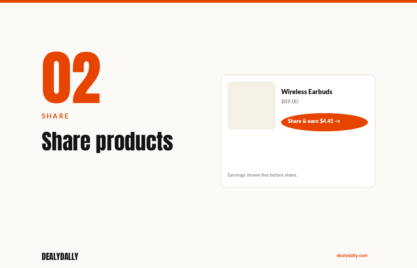 Product card with “Share & Earn” button and visible earning amount
