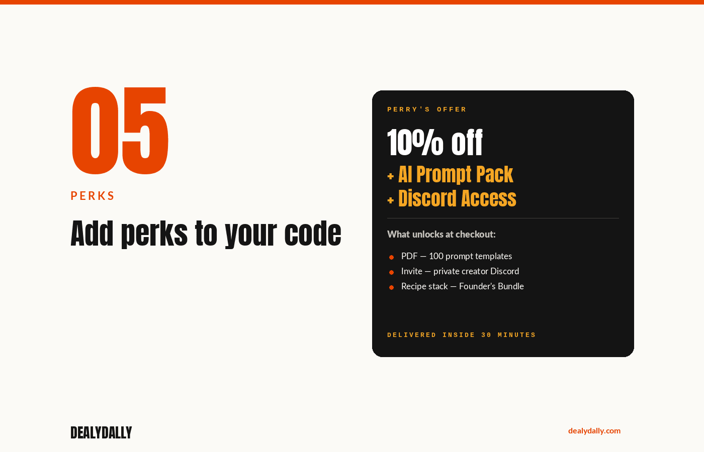 Code preview card showing “PERRY's Offer: 10% off + AI Prompt Pack + Discord Access.”