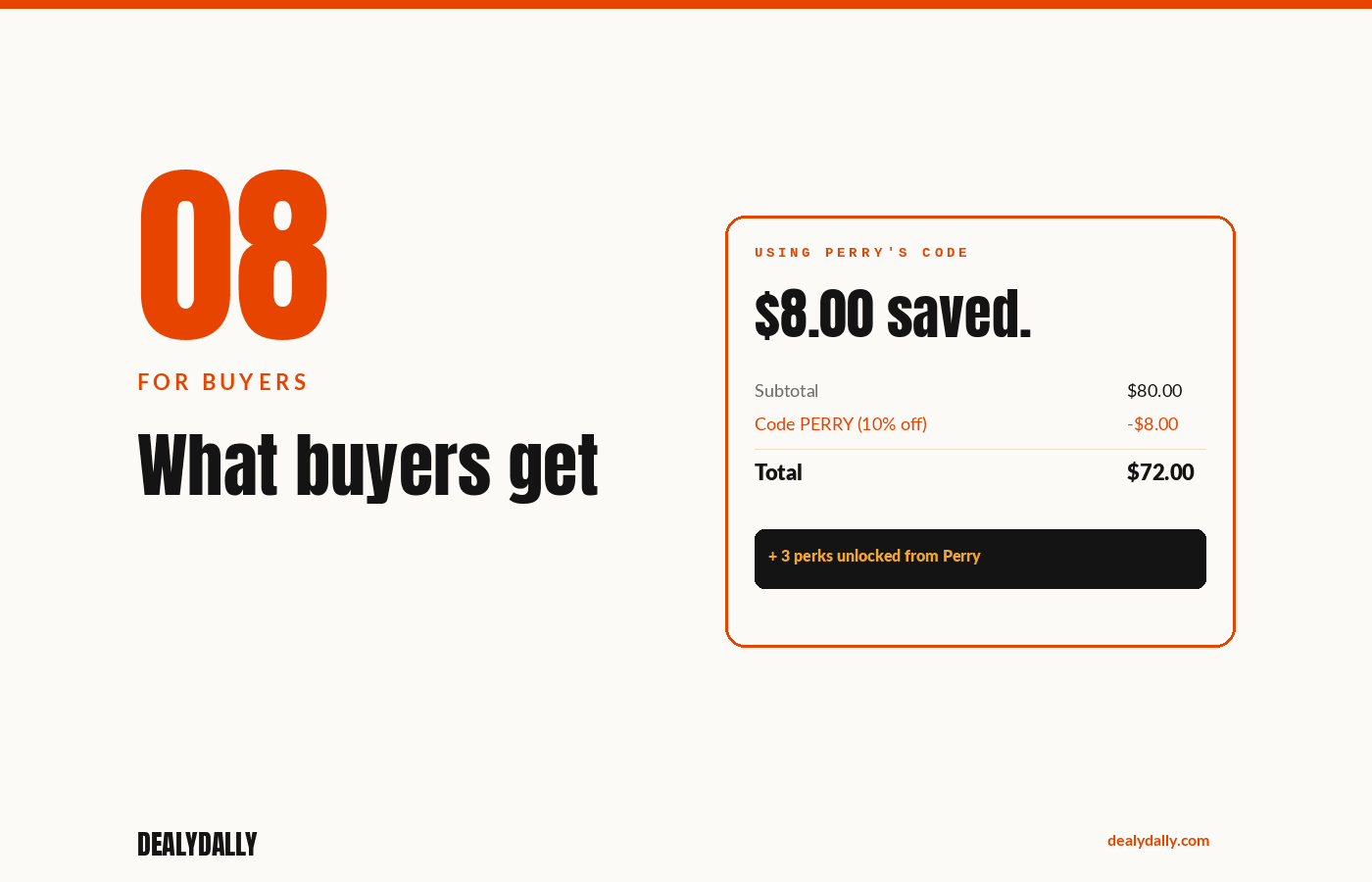 Buyer checkout state: “Using PERRY's code — discount applied.”