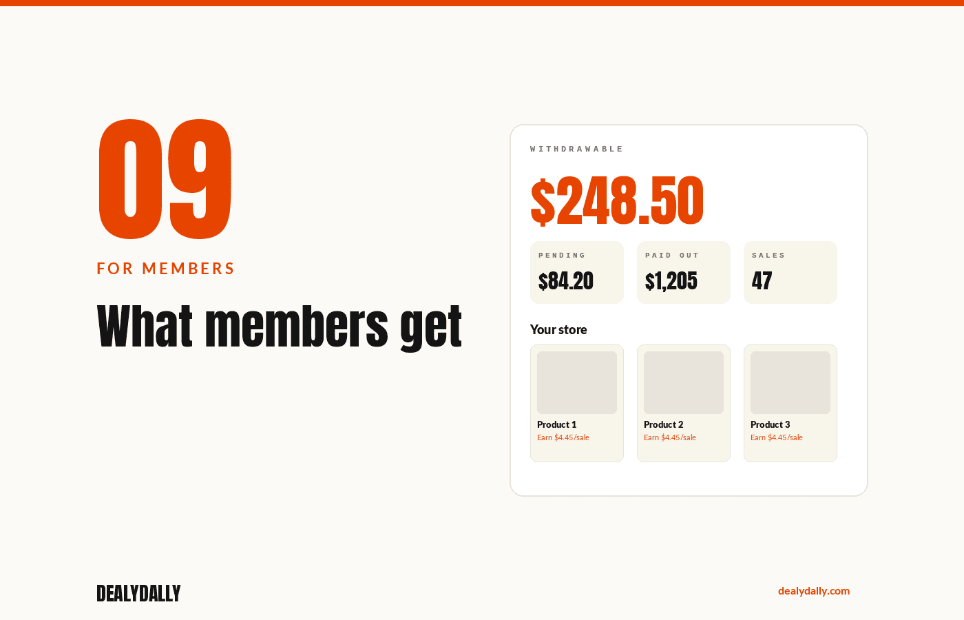 Member dashboard mockup: earnings, code, perks delivered, store products