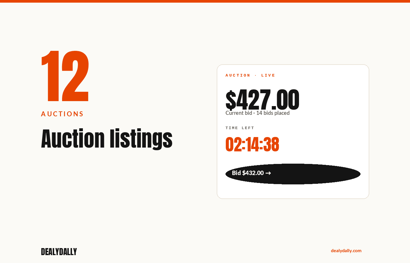 Auction product page: current bid, time left, code/perk area